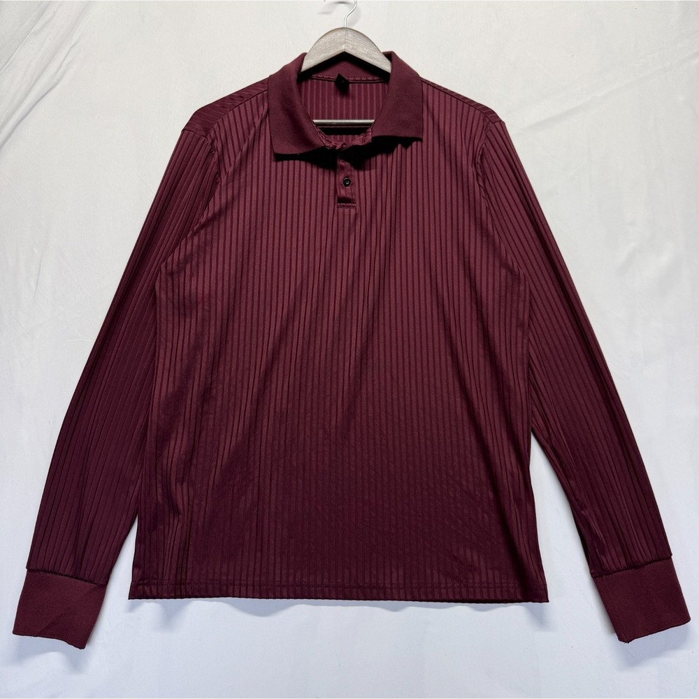 Manfinity Polo Shirt Men L Burgundy Textured Ribbed Knit Performance Golf Tennis